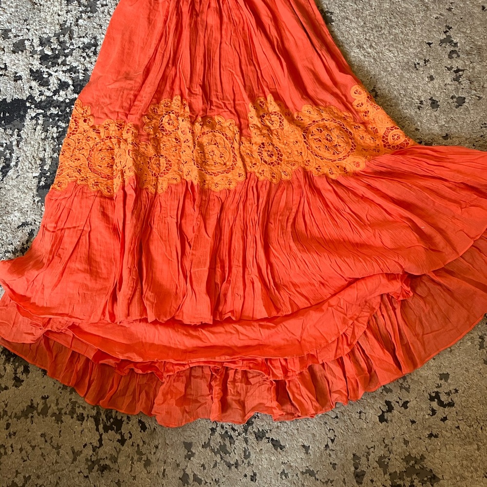 Anthropologie Floreat Orange long Boho skirt with lace details